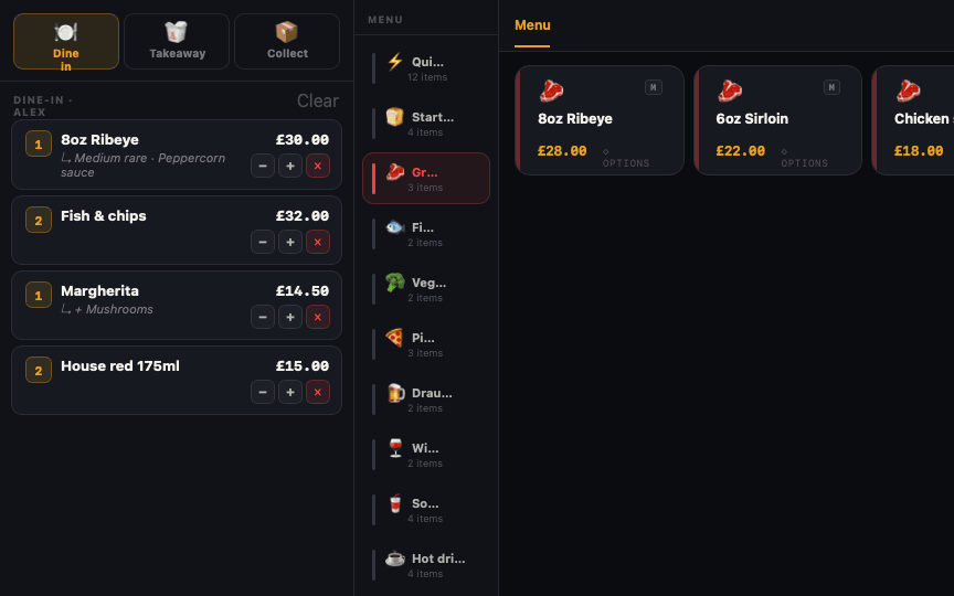 ServOS POS — Bar menu, dine-in order